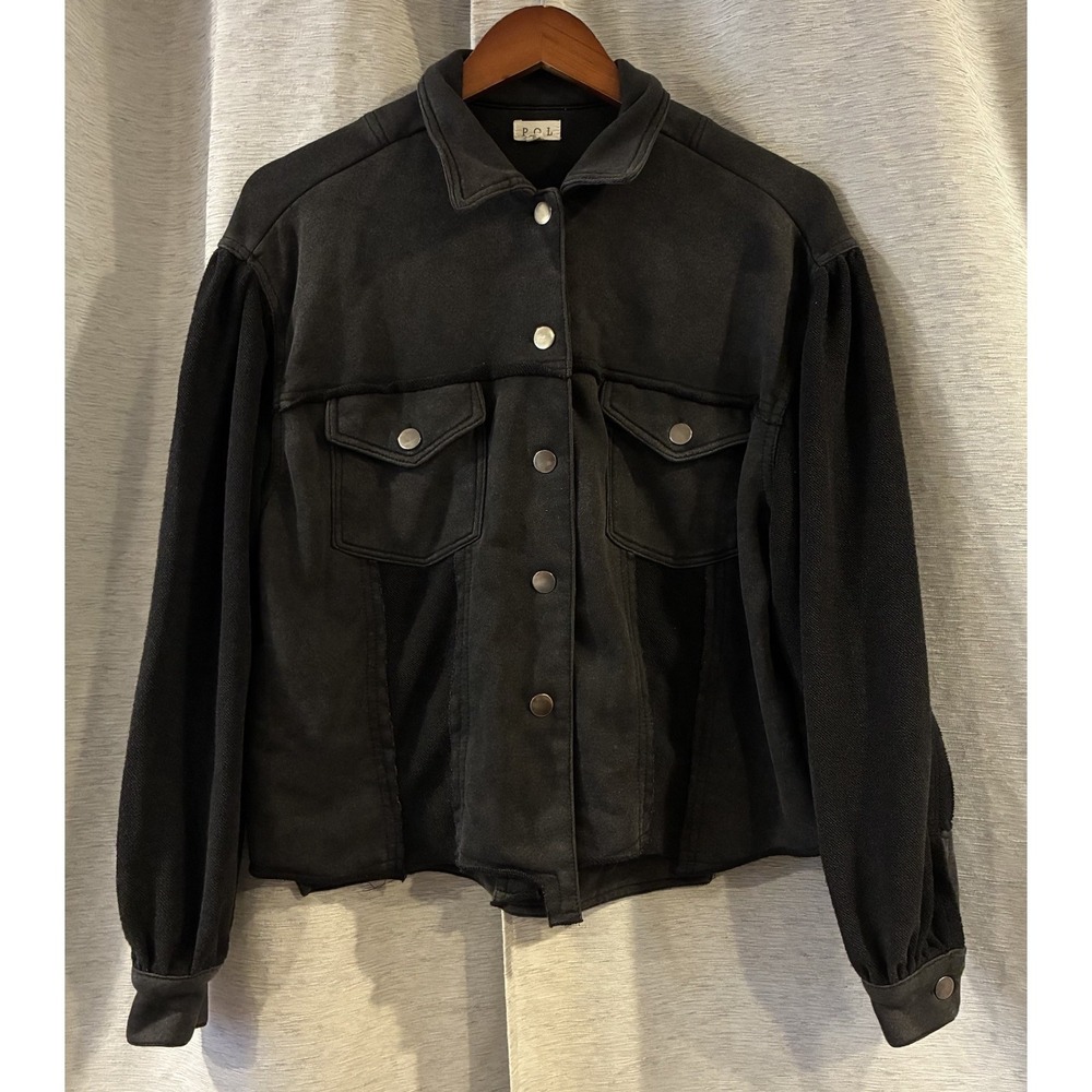 POL Womens Black Distressed Button Down Jacket Small Minimalist BWT752C